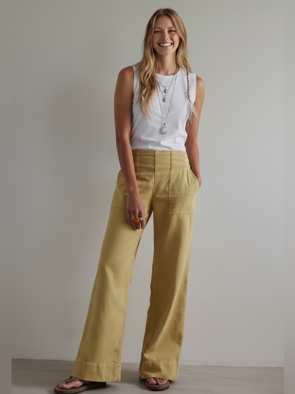 237. Pull-on wide leg mid rise denim in lemon yellow